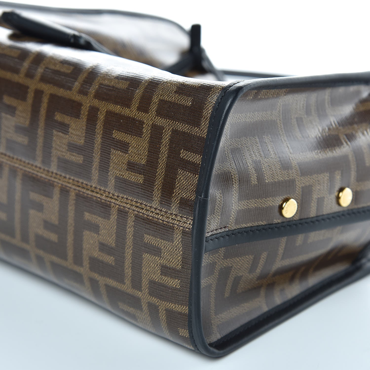 Fendi Patent Glazed Fabric Vitello Century FF 1974 Stamp Patch Mini Peekaboo Iconic Satchel with FF Defender Cover Black Mogano Panna 9 of 9