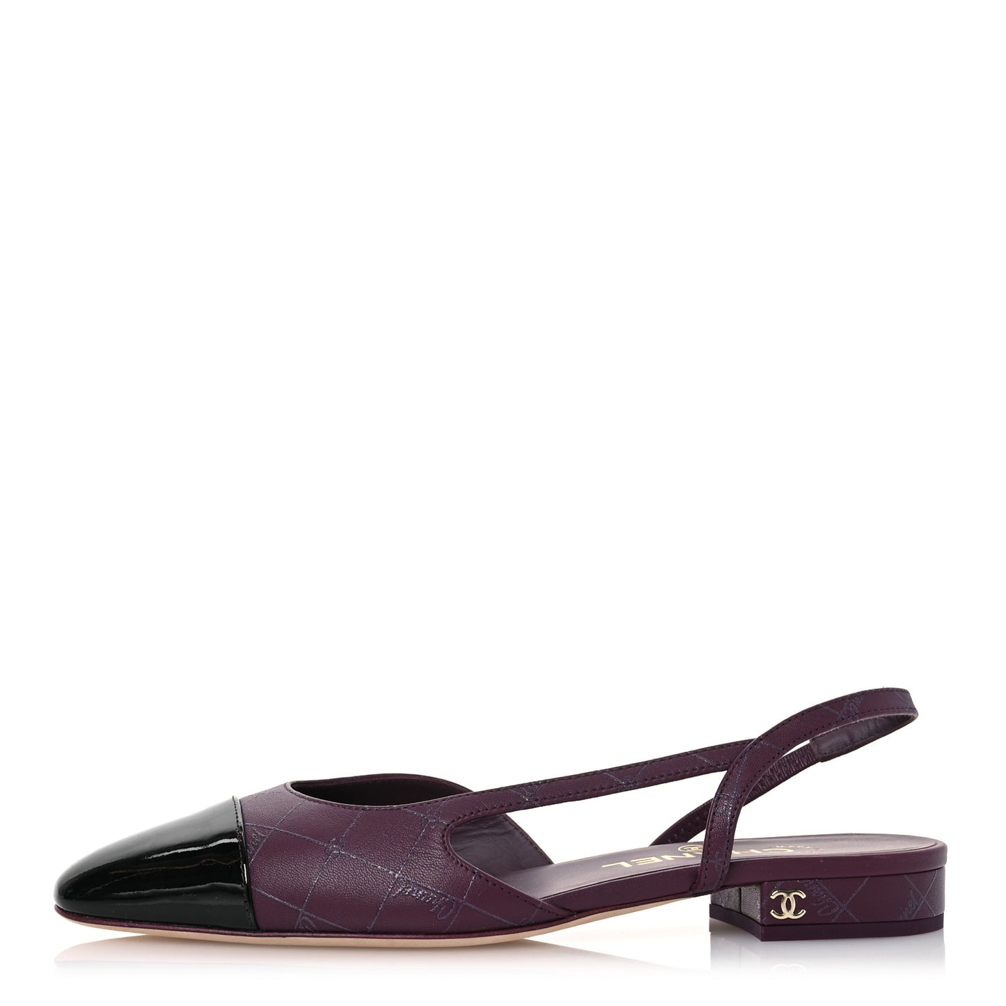 Lambskin Patent Cap Toe CC Slingback Flats 37.5 Burgundy Black