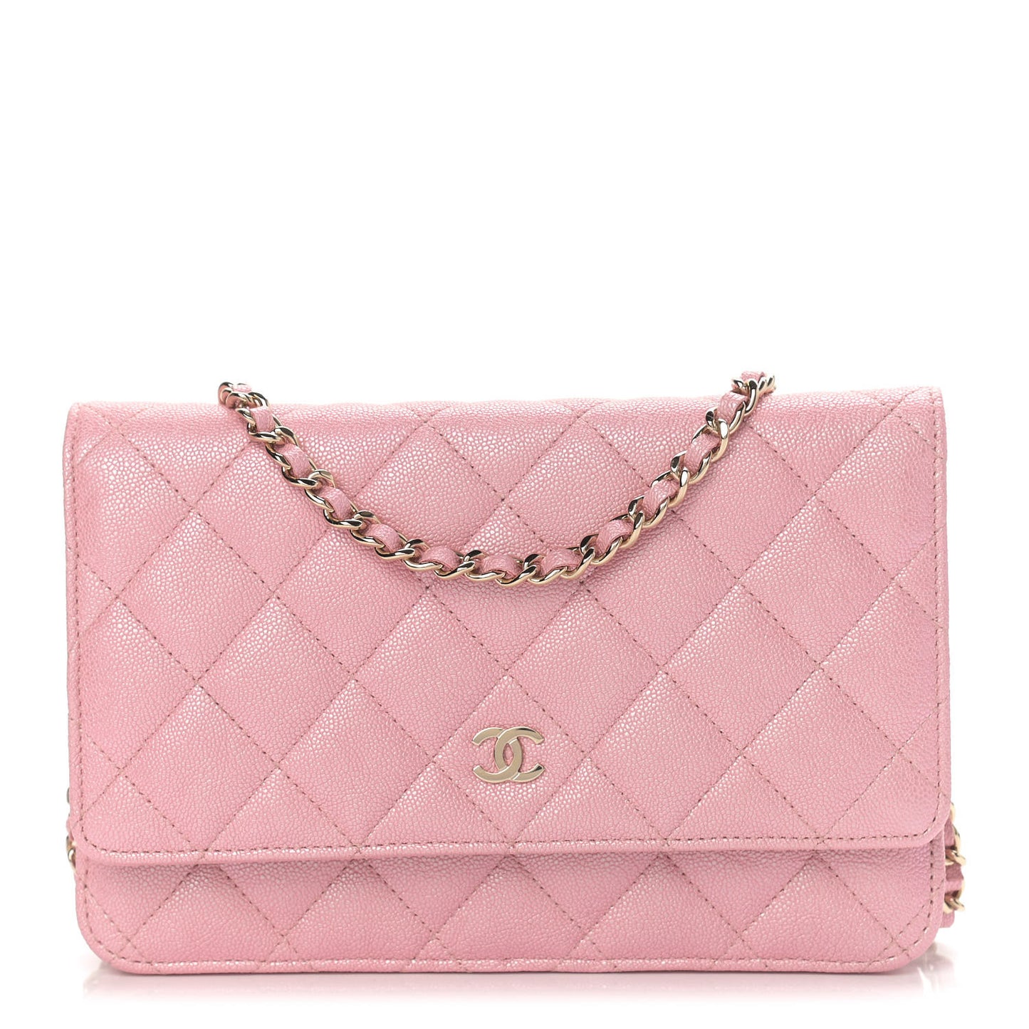 Iridescent Caviar Quilted Wallet on Chain WOC Rose Pink