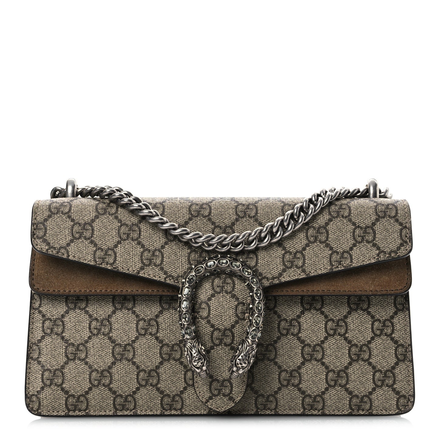GG Supreme Monogram Suede Crystal Small Dionysus Shoulder Bag Beige Ebony Taupe