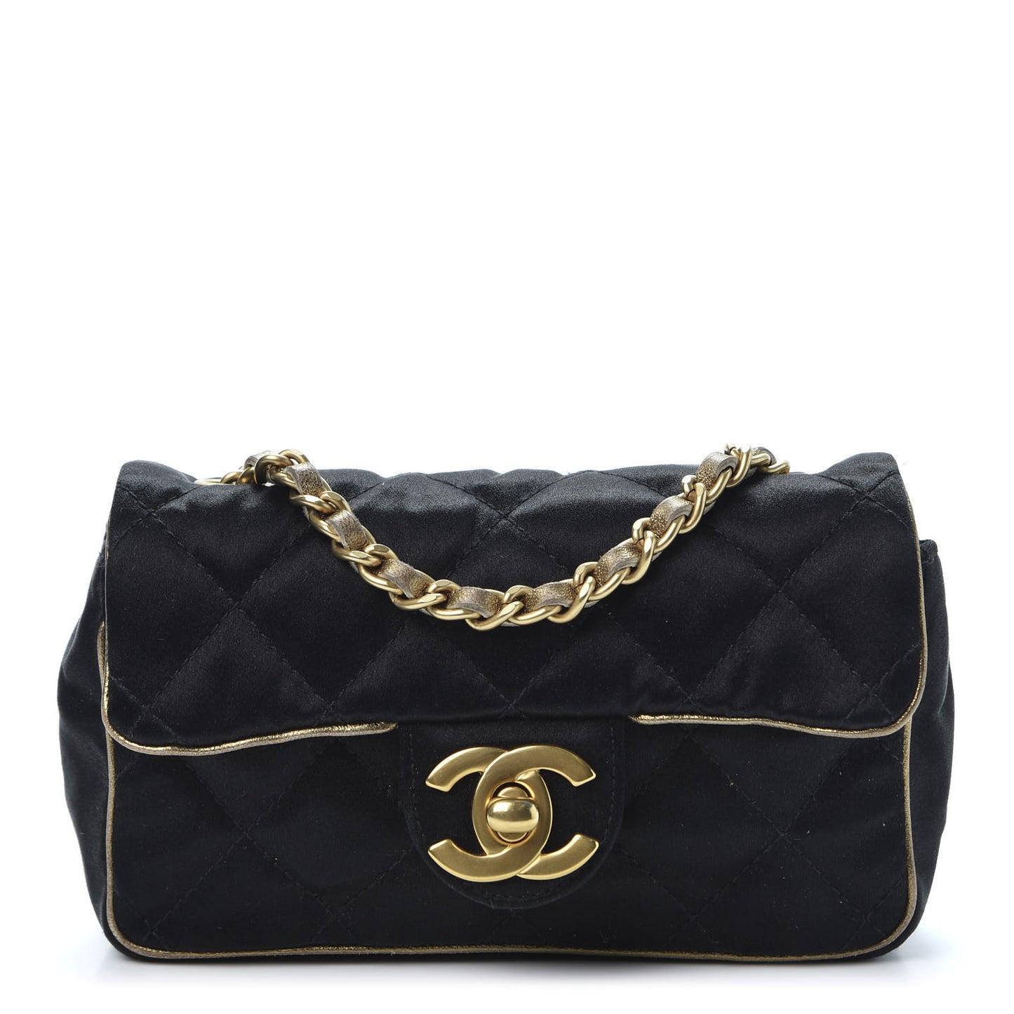 Satin Quilted Extra Mini Flap Black Gold