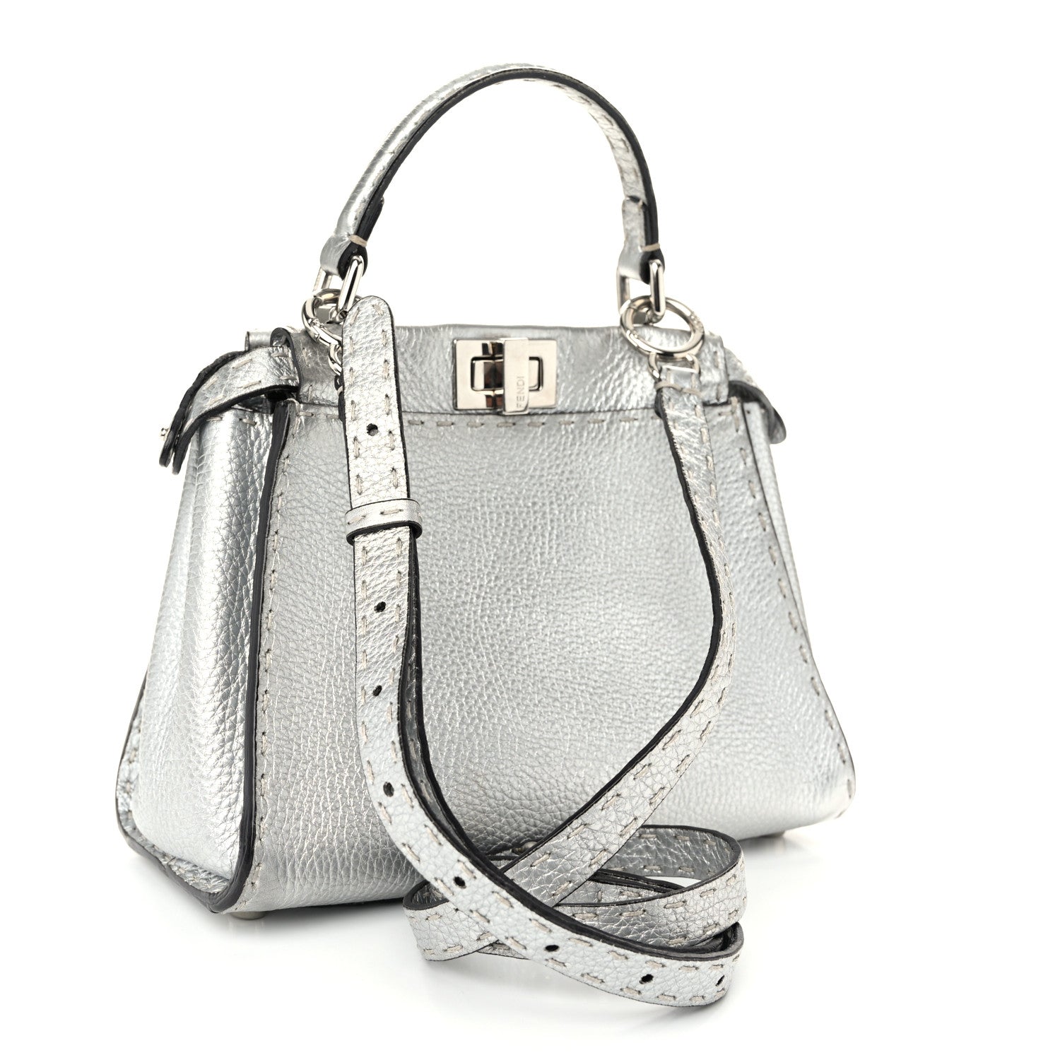 Fendi Cuoio Romano Lux Selleria Mini Peekaboo Iconic Satchel Argento 3 of 10