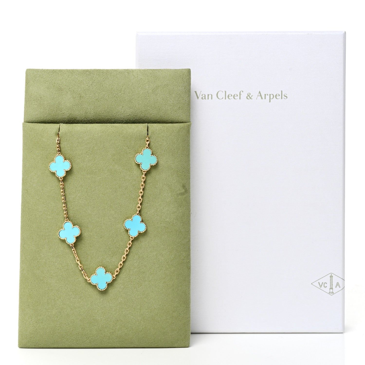 Van Cleef & Arpels 18K Yellow Gold Turquoise 10 Motifs Vintage Alhambra Necklace 8 of 11