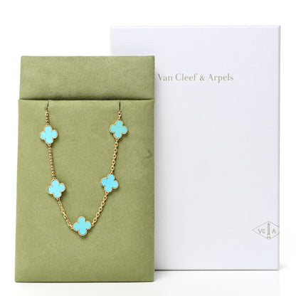 Van Cleef & Arpels 18K Yellow Gold Turquoise 10 Motifs Vintage Alhambra Necklace 8 of 11