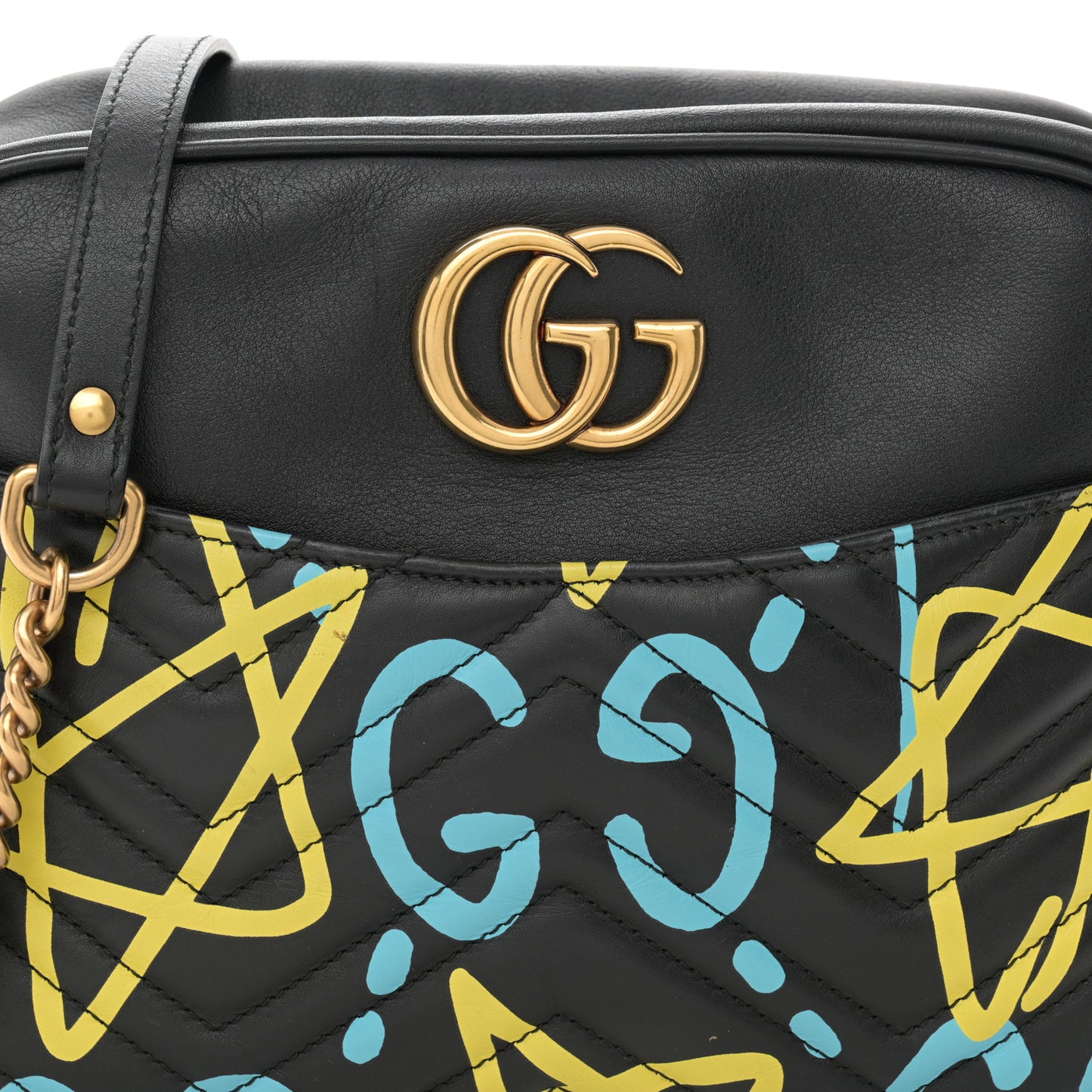 Calfskin Matelasse GucciGhost Medium GG Marmont Chain Shoulder Bag Black New Acquamarine