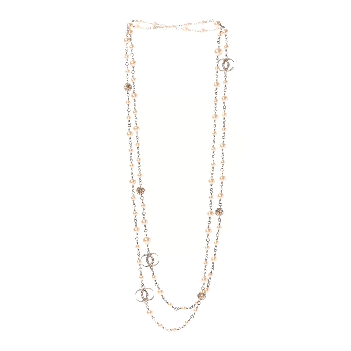 Pearl Crystal CC Long Necklace Gold
