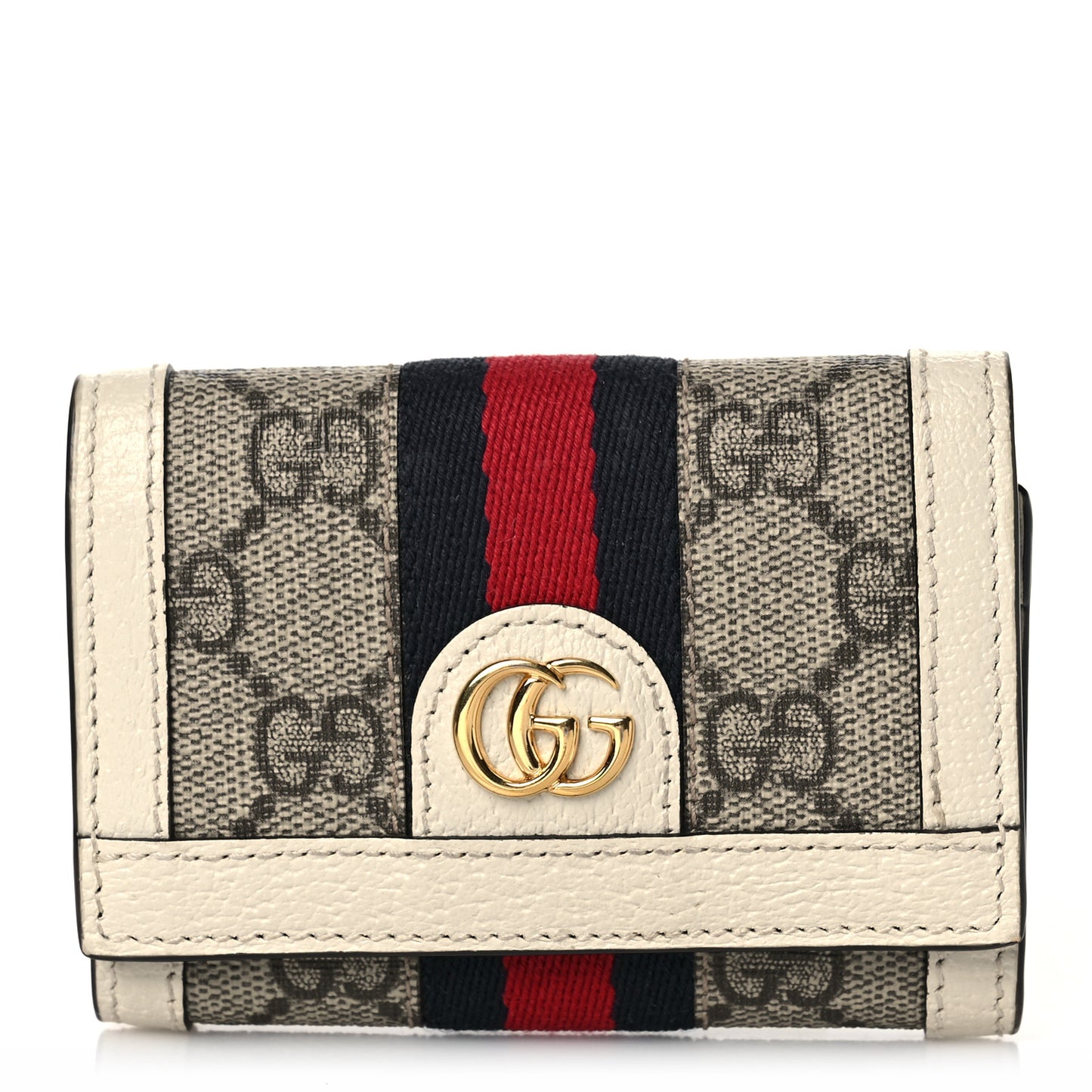 GG Supreme Monogram Textured Calfskin Web Ophidia Bi-Fold Wallet Beige Ebony Mystic White