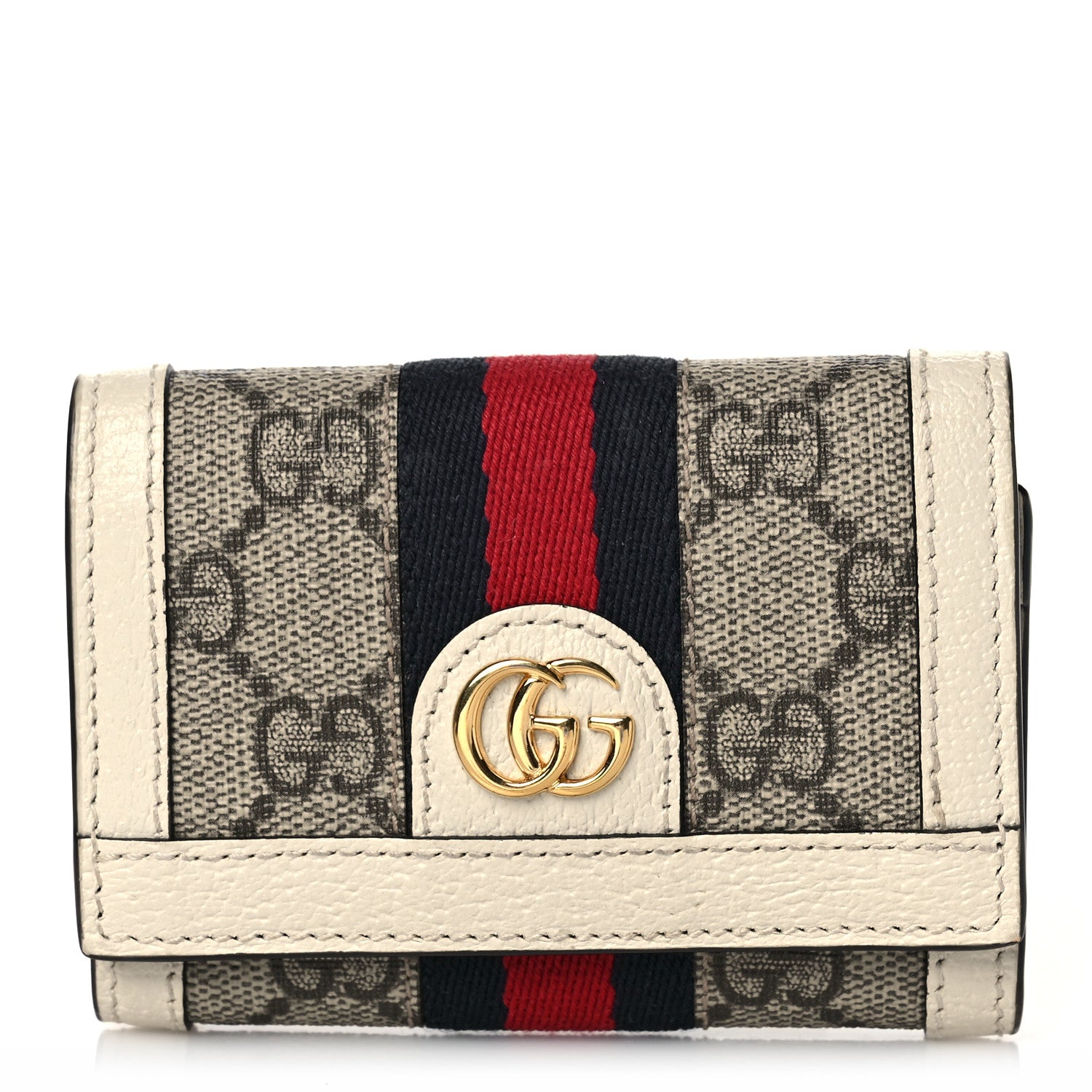 Gucci GG Supreme Monogram Textured Calfskin Web Ophidia Bi-Fold Wallet Beige Ebony Mystic White 1 of 8