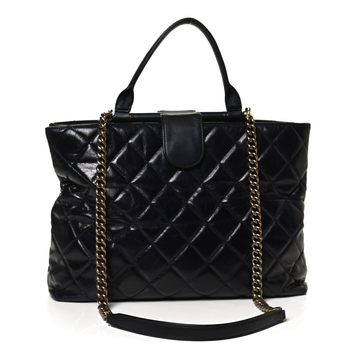 Calfskin Quilted Large Gold Bar Top Handle Tote Dark Navy Blue