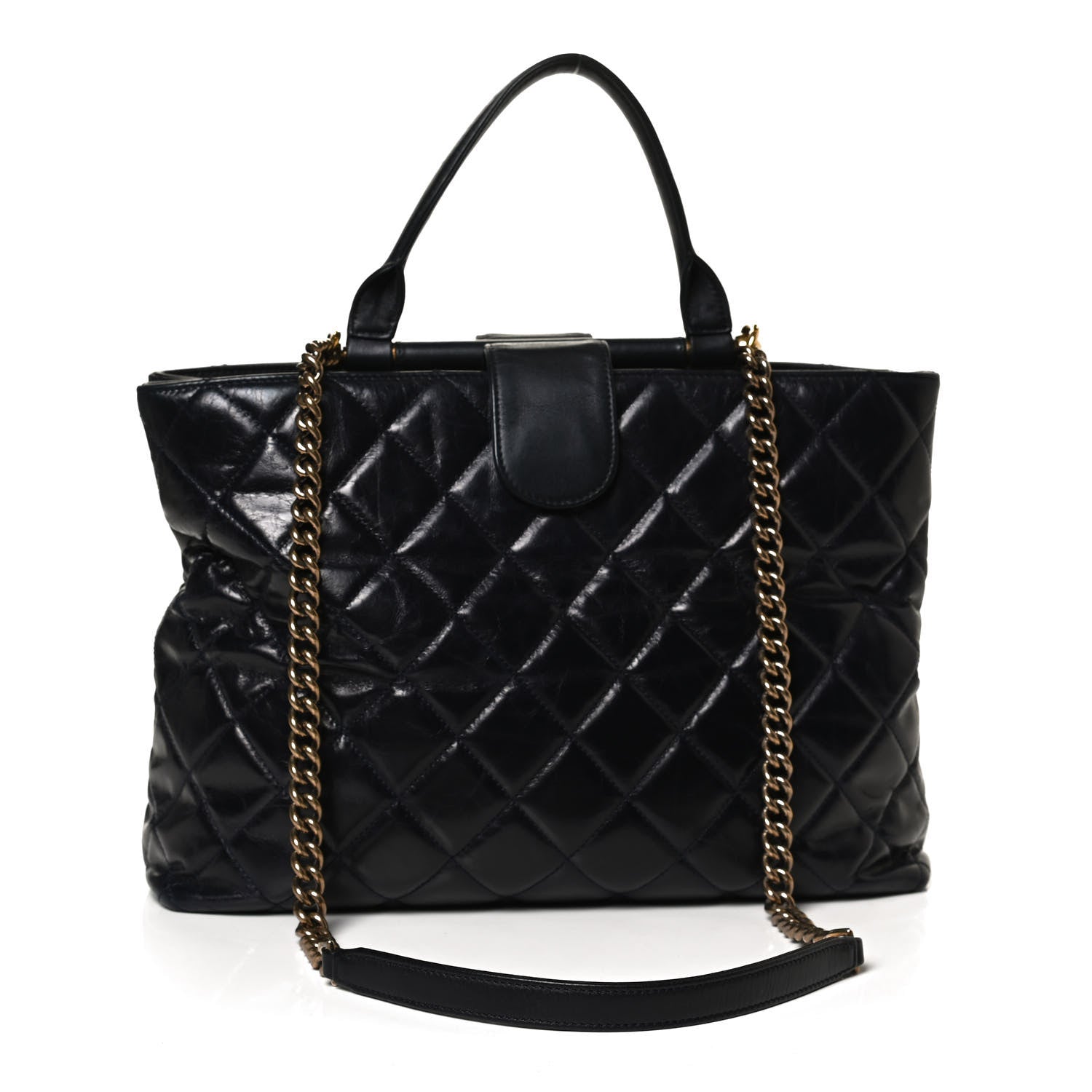 Chanel Calfskin Quilted Large Gold Bar Top Handle Tote Dark Navy Blue 3 of 11