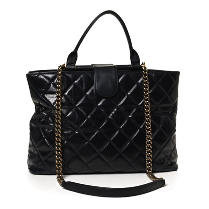Chanel Calfskin Quilted Large Gold Bar Top Handle Tote Dark Navy Blue 3 of 11