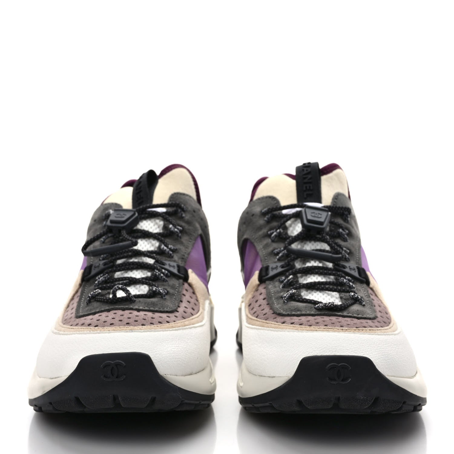 Chanel Fabric Suede Calfskin Mesh Womens CC Sneakers 40 White Grey Purple 2 of 9