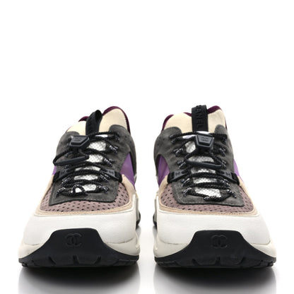 Chanel Fabric Suede Calfskin Mesh Womens CC Sneakers 40 White Grey Purple 2 of 9