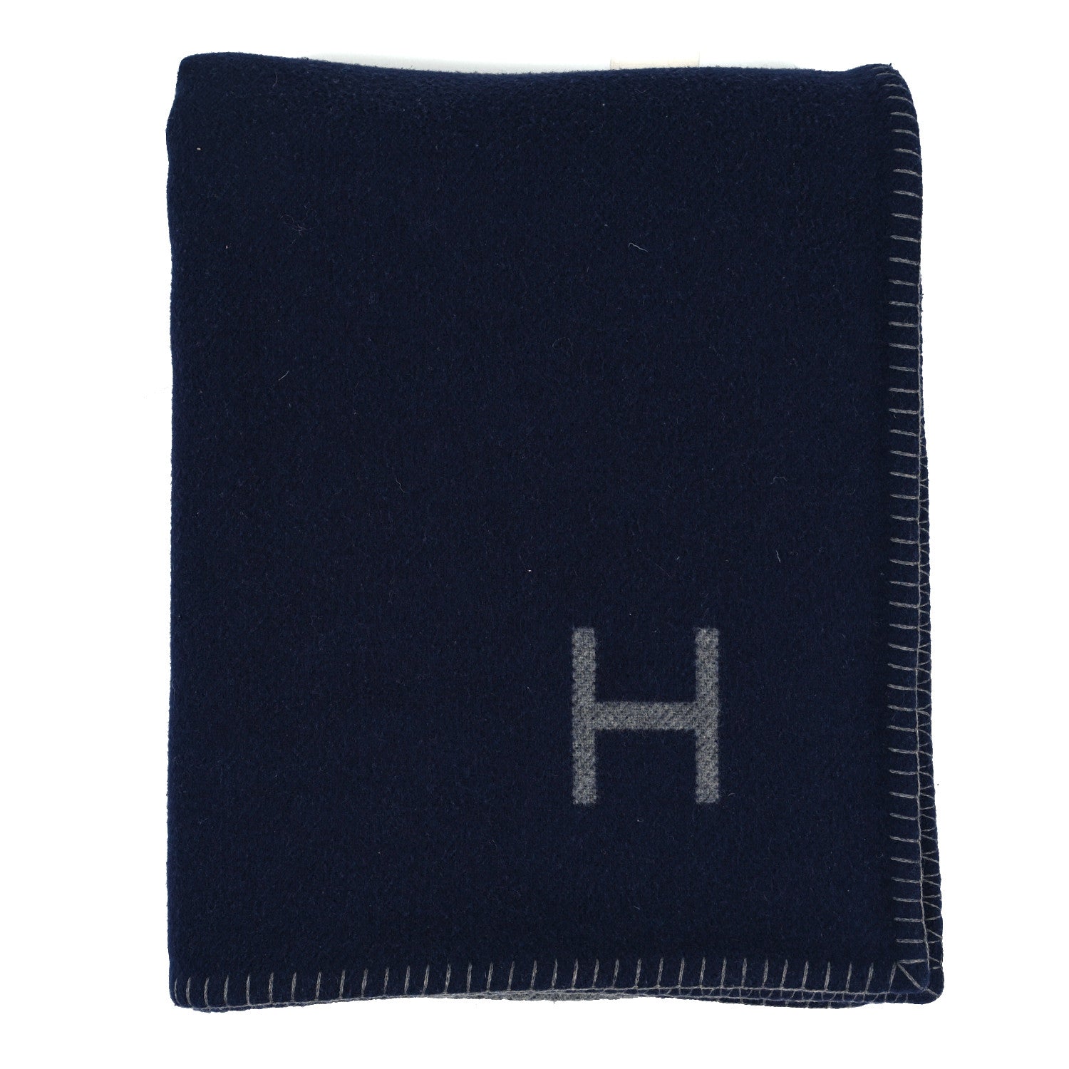 Hermes Wool Cashmere H Casaque Blanket Marine Acier 1 of 4