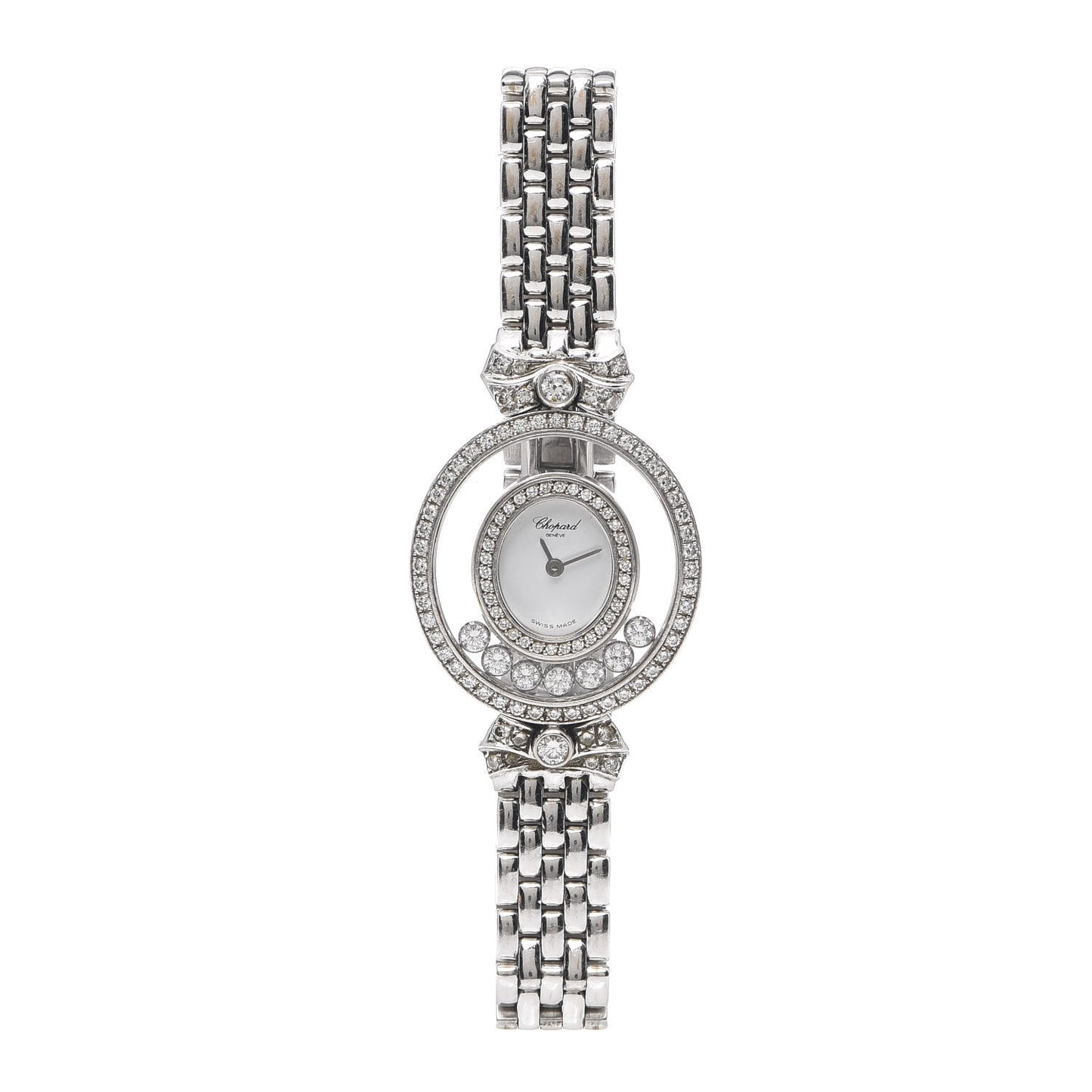 18K White Gold Diamond Pave Bezel 24mm Happy Diamonds Oval Bow Tie Quartz Watch
