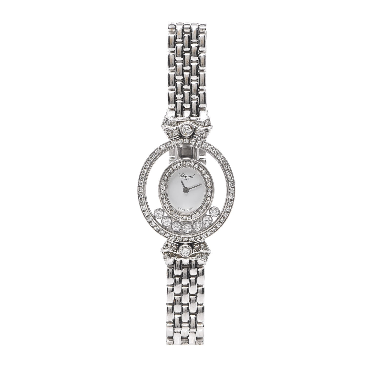 Chopard 18K White Gold Diamond Pave Bezel 24mm Happy Diamonds Oval Bow Tie Quartz Watch 1 of 6