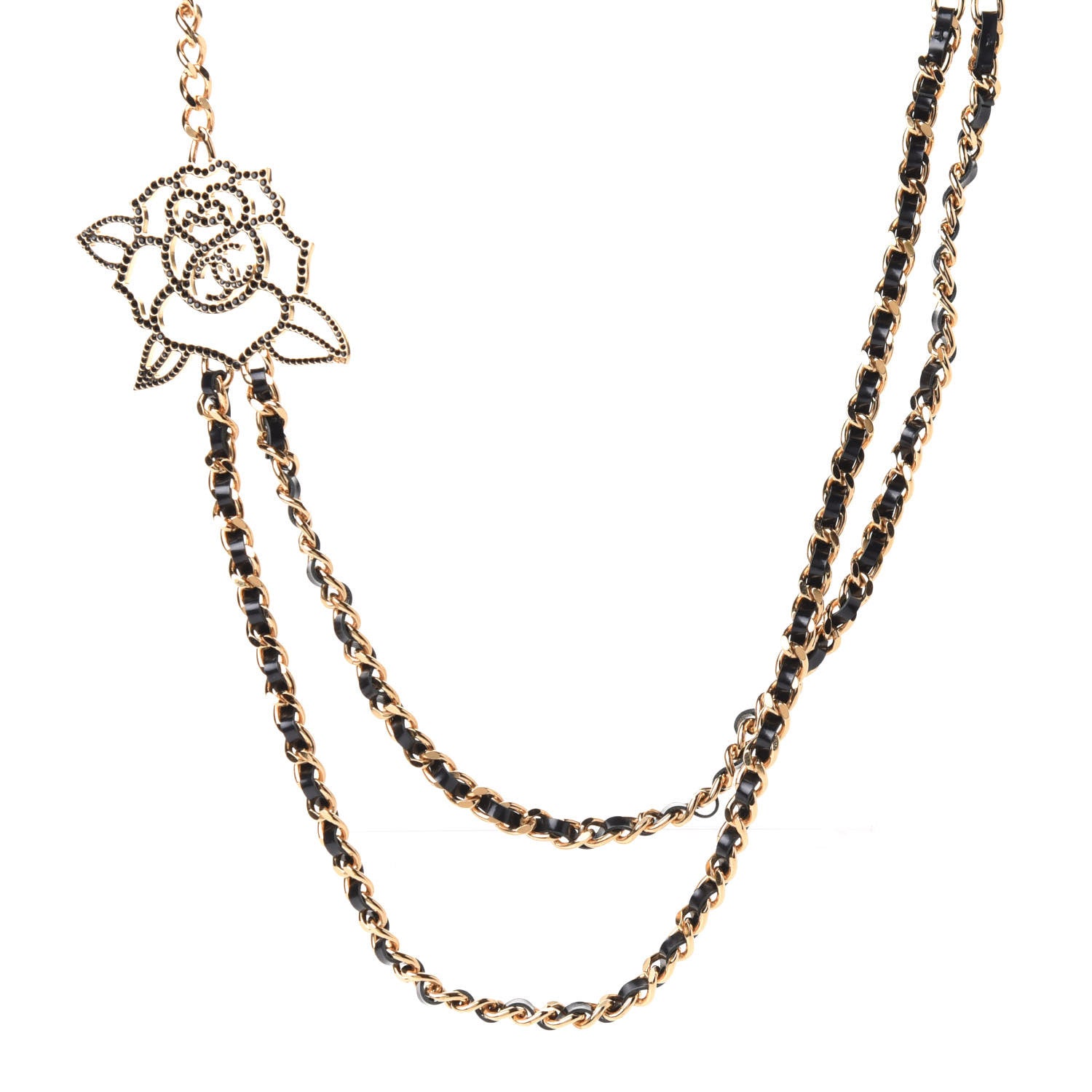 Chanel Glazed Calfskin Crystal CC Camellia Long Necklace Gold 1 of 6