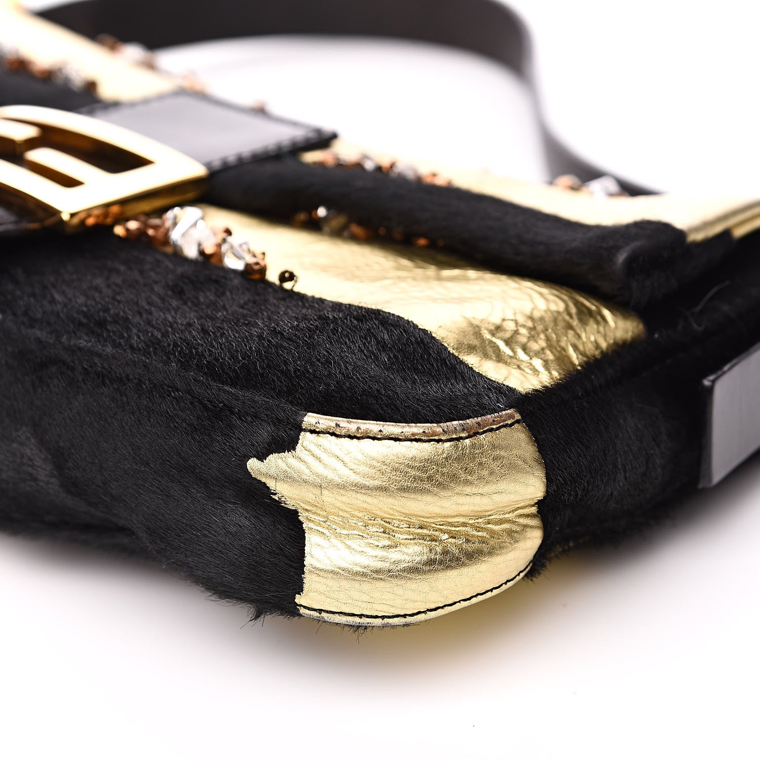 Fendi Metallic Calfskin Calf Hair Sequin Baguette Black Gold 8 of 12