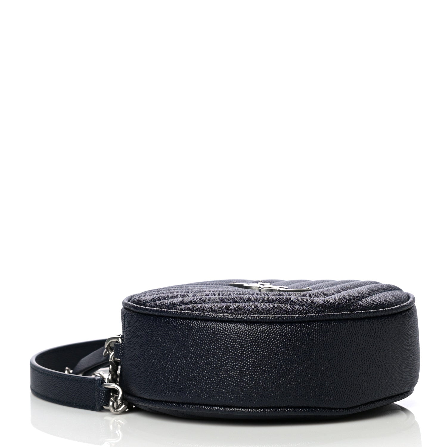 Saint Laurent Grain De Poudre Matelasse Chevron Quilted Round Vinyle Camera Bag Deep Marine 4 of 8