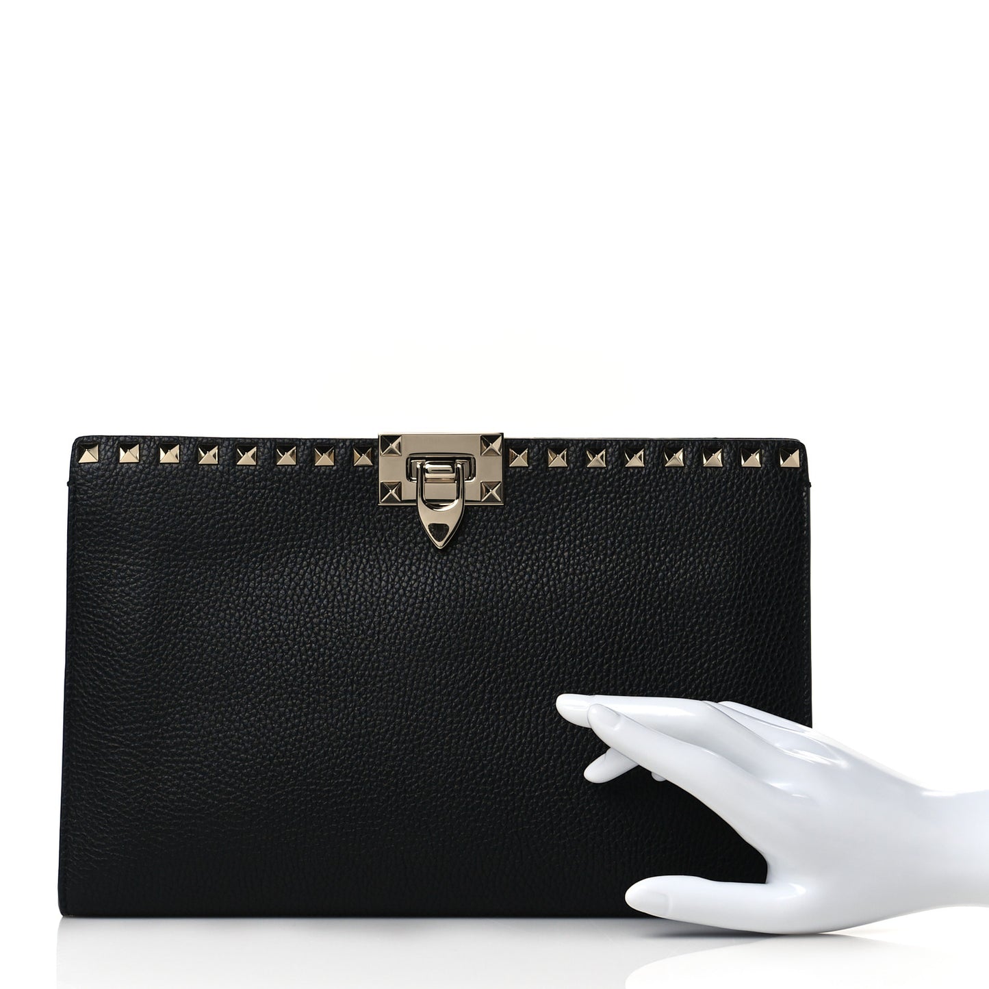 Pebbled Calfskin Rockstud Flip Lock Clutch Wallet Black
