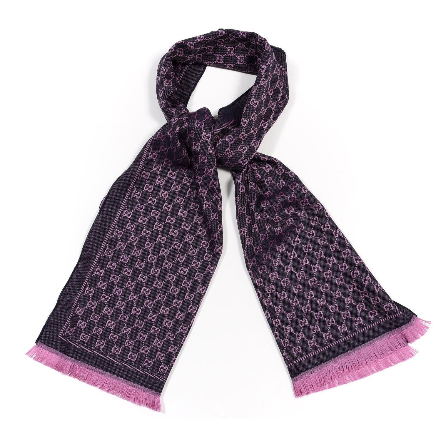 Gucci Wool GG Monogram Reversible New Sten Fringe Scarf Midnight Blue Pink 1 of 4