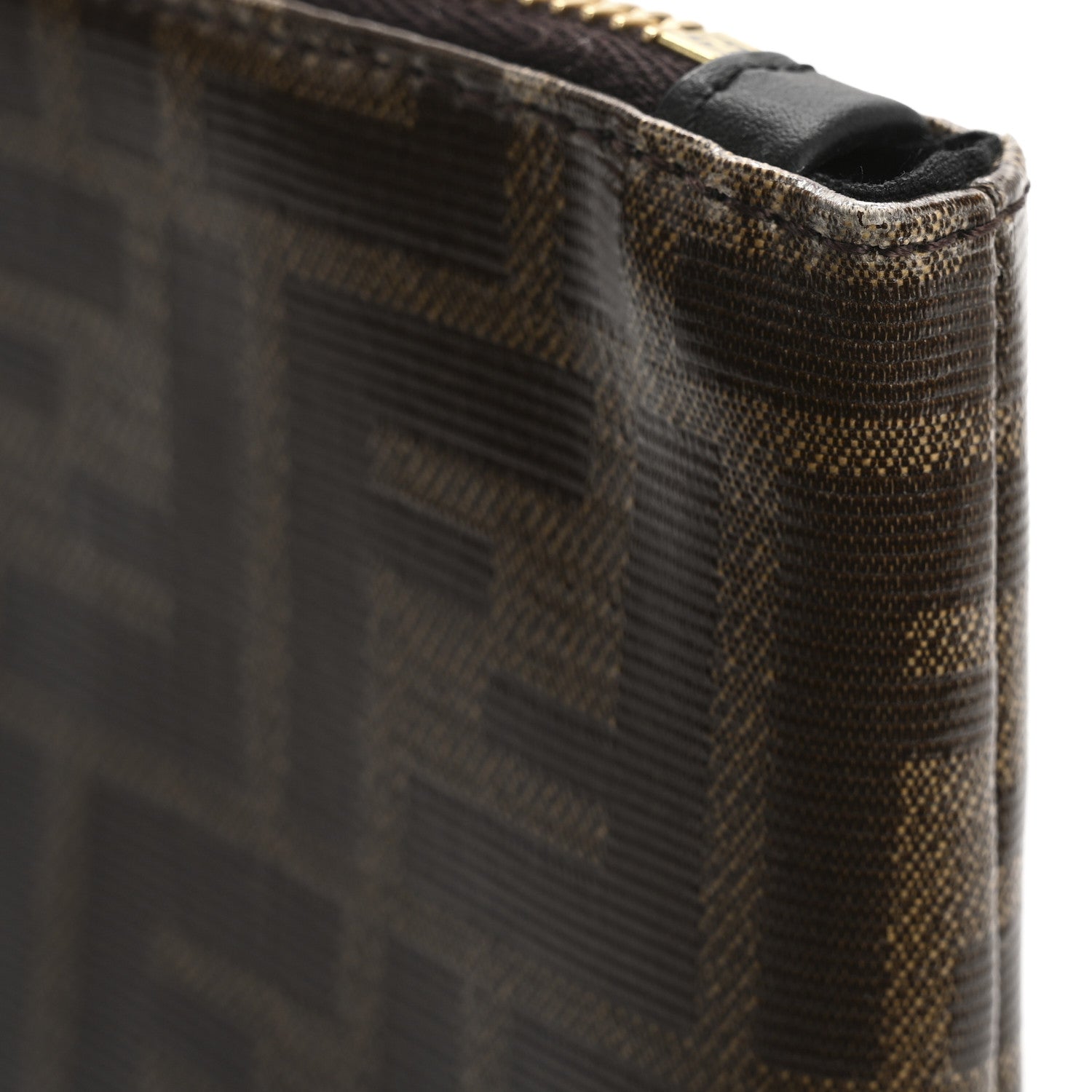 Fendi Glazed Fabric Vitello Century FF 1974 Stamp Patch Large Flat Pouch Mogano Panna Black 9 of 12