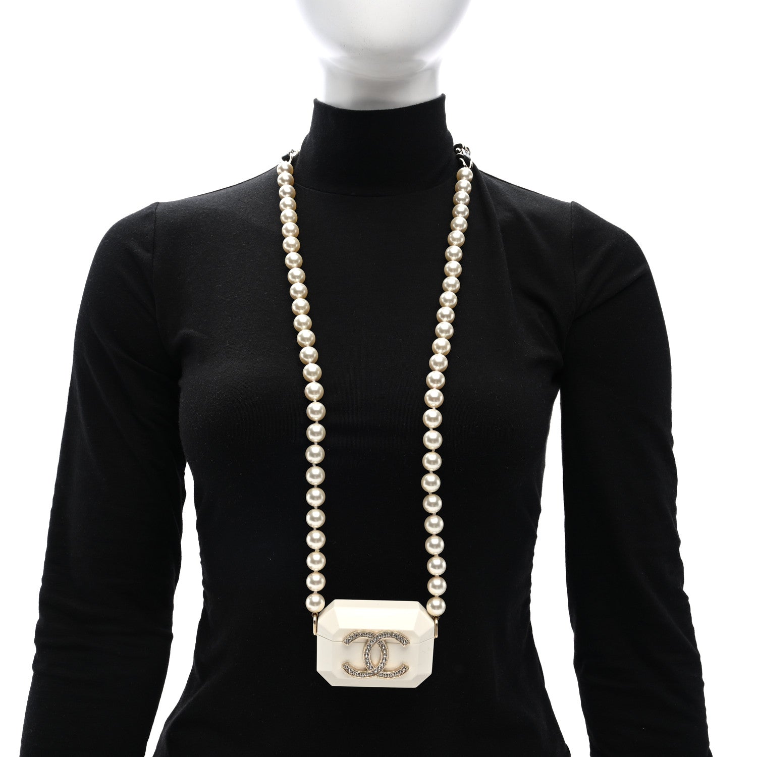 Chanel Resin Crystal Pearl Airpod Pro Case Necklace Gold White Pearly Black 2 of 5