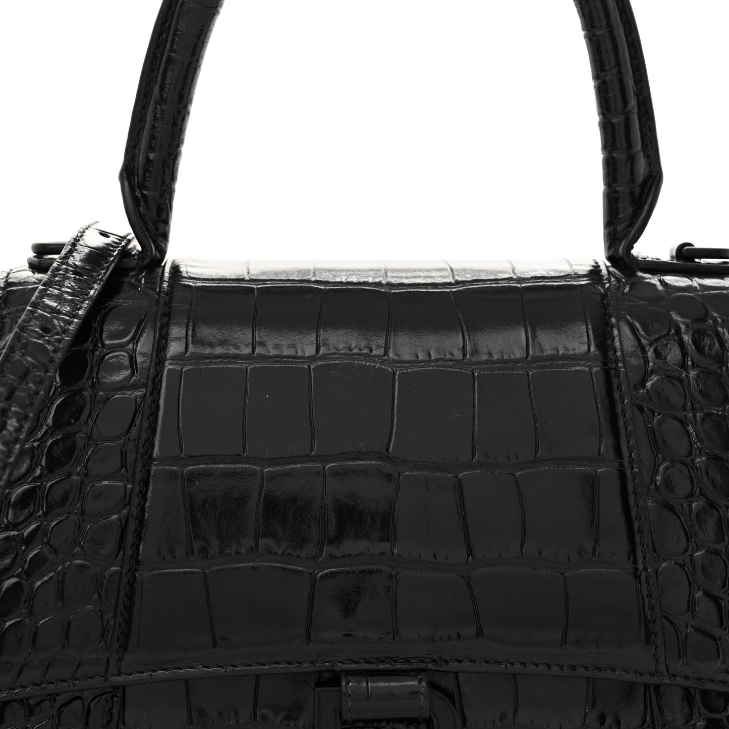 Shiny Calfskin Monochrome Crocodile Embossed Small Hourglass Top Handle Bag Black