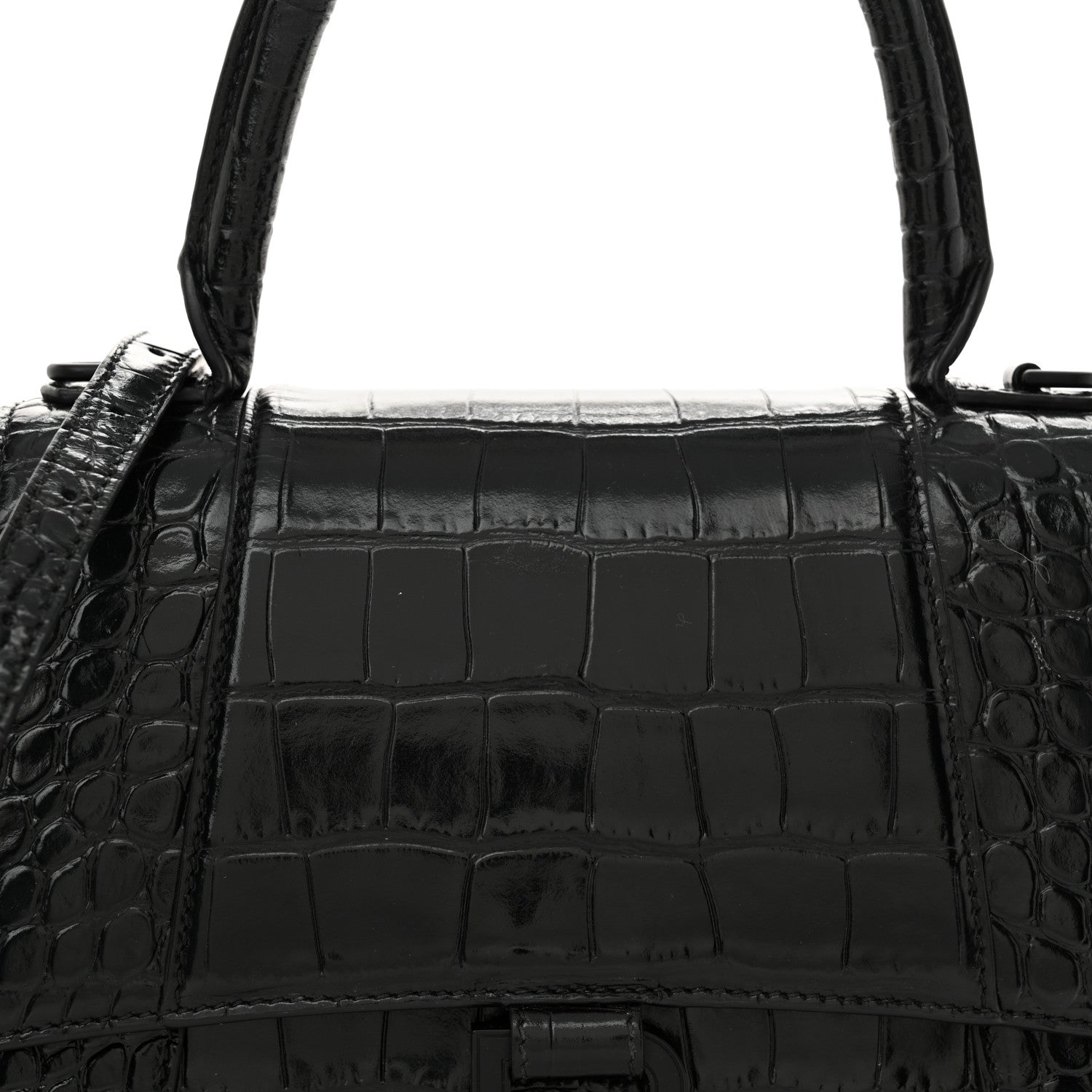 Balenciaga Shiny Calfskin Monochrome Crocodile Embossed Small Hourglass Top Handle Bag Black 8 of 13