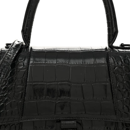 Balenciaga Shiny Calfskin Monochrome Crocodile Embossed Small Hourglass Top Handle Bag Black 8 of 13