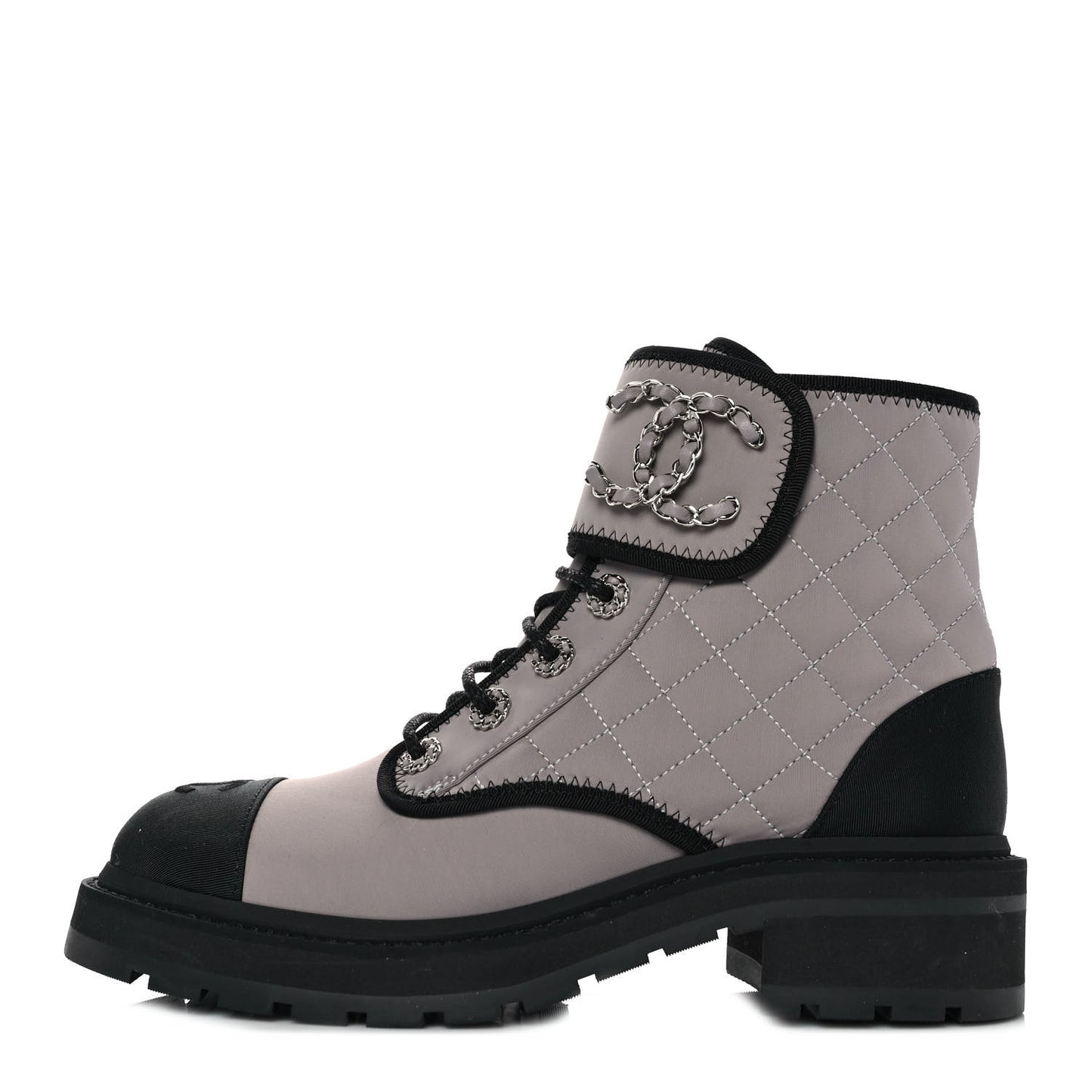 Fabric Grosgrain Quilted Cap Toe Lace Up Combat Boots 38.5 Gray