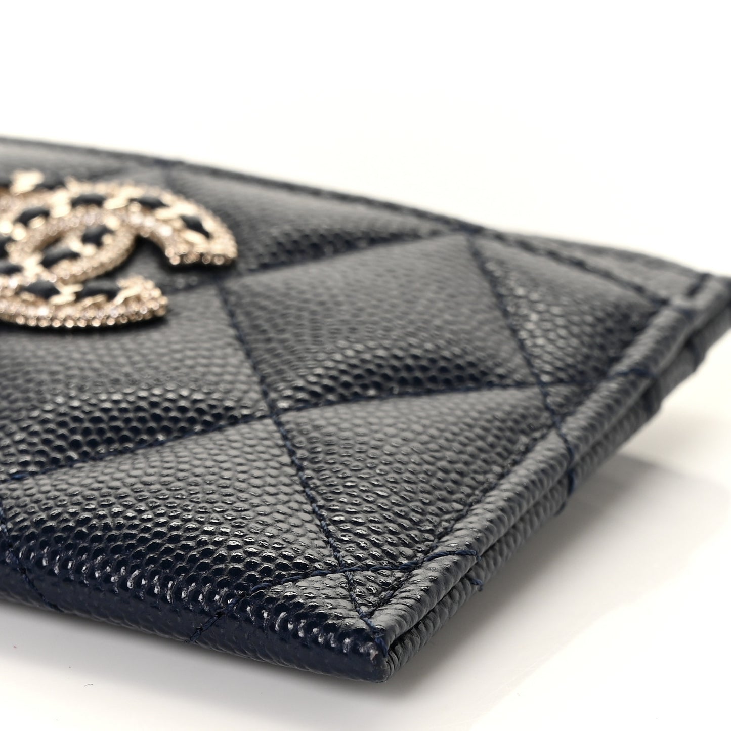 Caviar Quilted Crystal Card Holder Navy