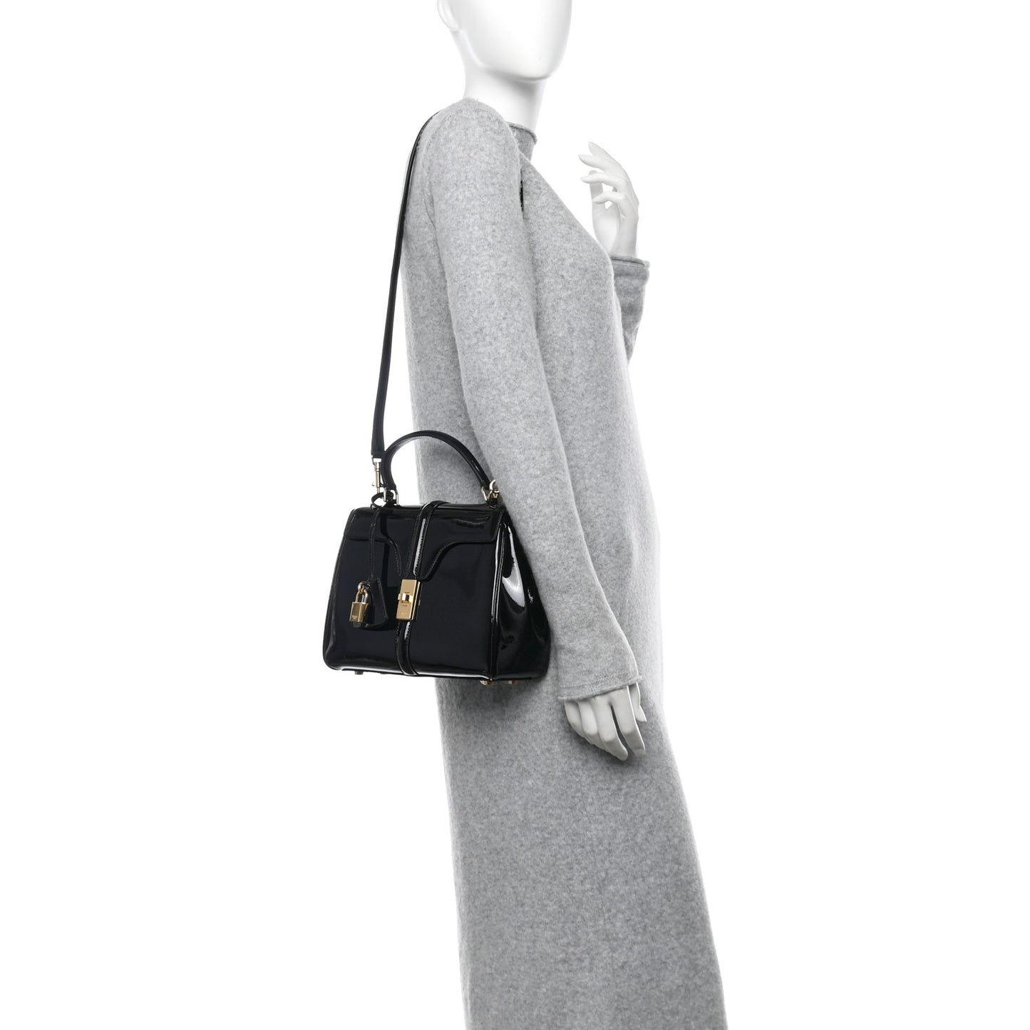 Patent Calfskin Small 16 Top Handle Bag Black
