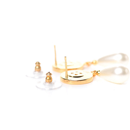 Chanel Metal Pearl Paris Button Drop Earrings Gold 3 of 5