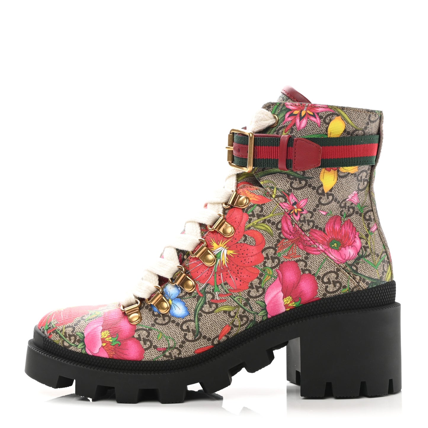 GG Supreme Monogram Flora Lace Up Combat Ankle Boots 36 Beige Multicolor Red