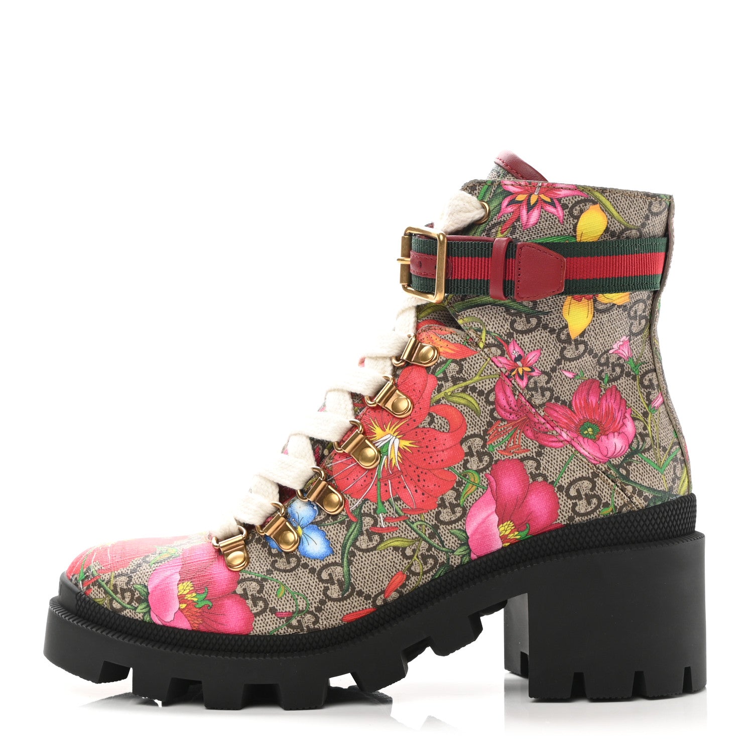 Gucci GG Supreme Monogram Flora Lace Up Combat Ankle Boots 36 Beige Multicolor Red 1 of 9