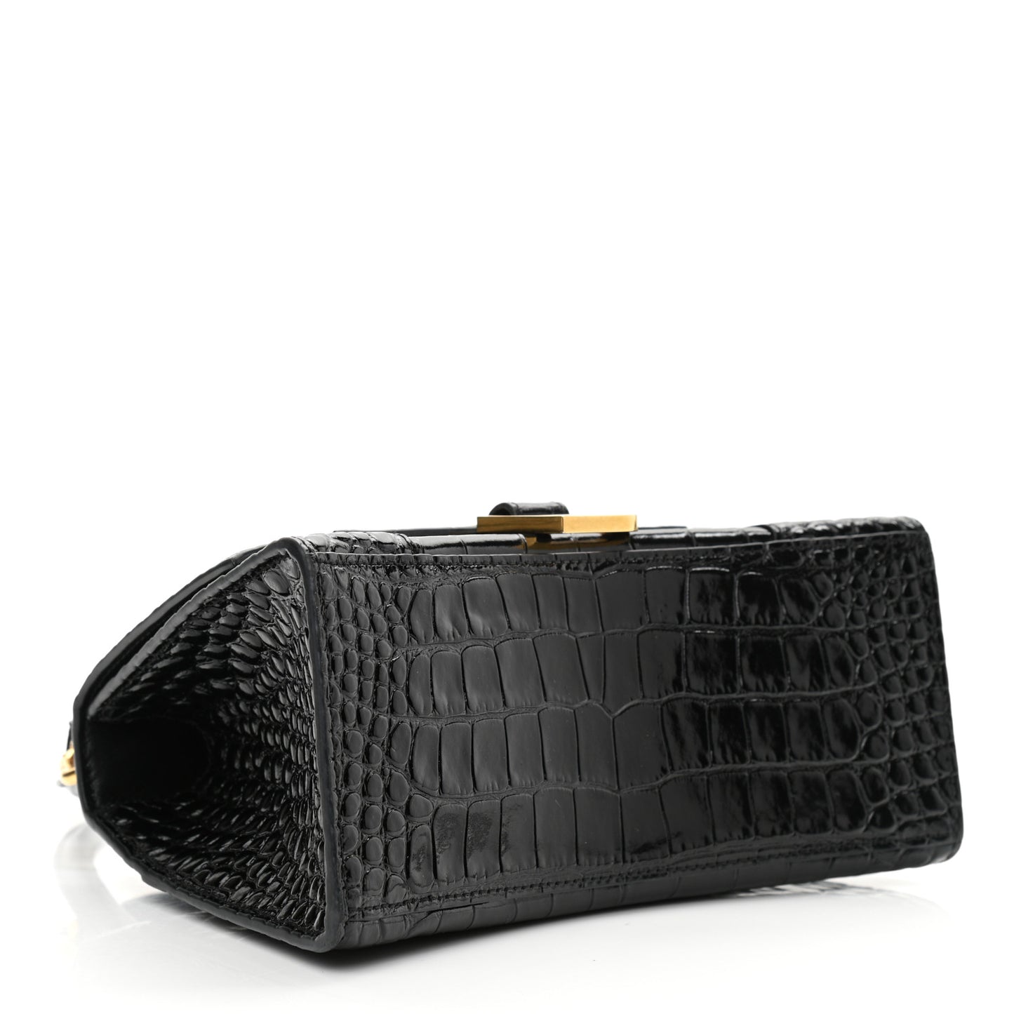Shiny Calfskin Crocodile Embossed Small Hourglass Top Handle Bag Black