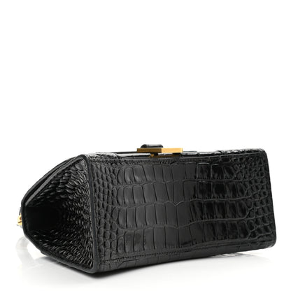 Balenciaga Shiny Calfskin Crocodile Embossed Small Hourglass Top Handle Bag Black 4 of 12