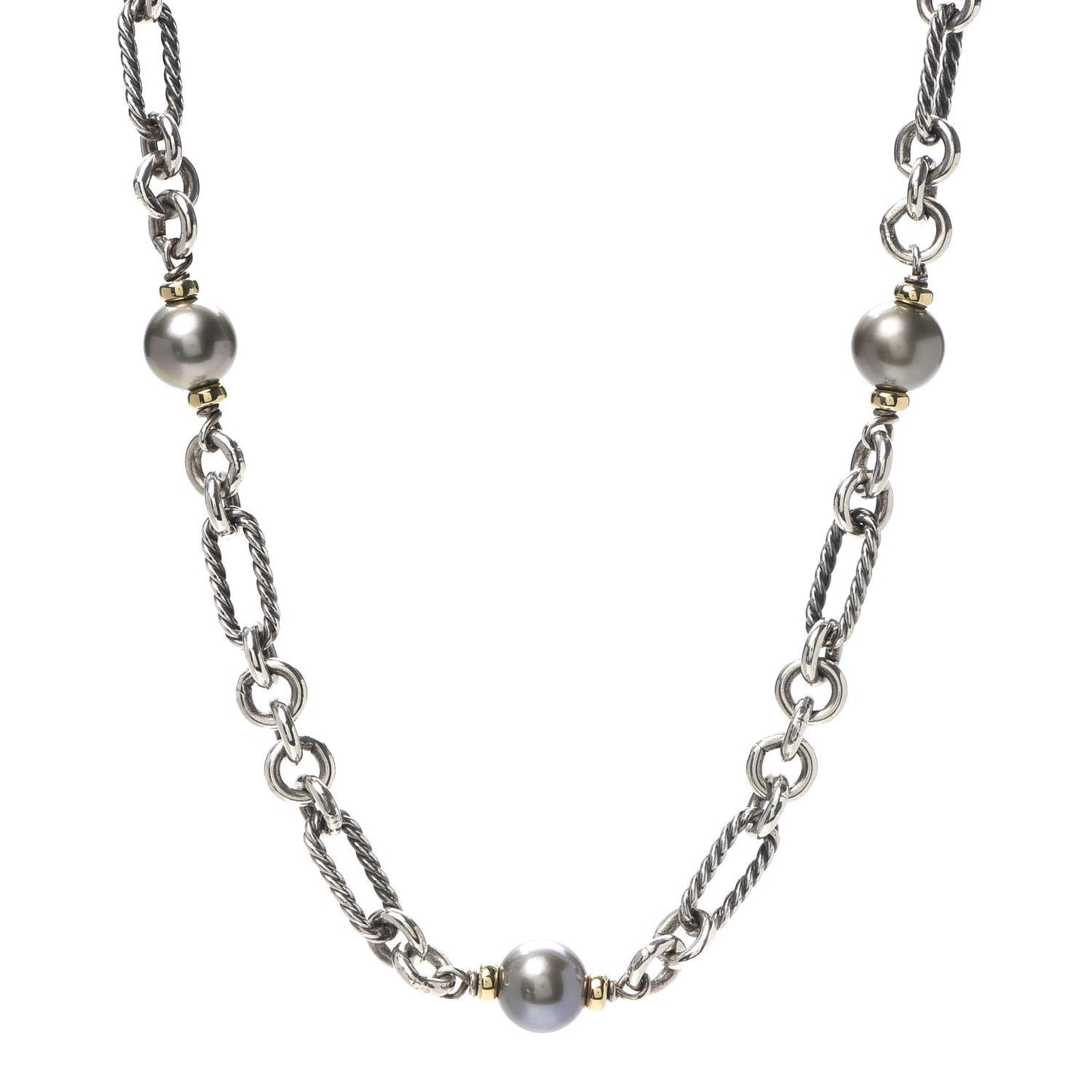 Sterling Silver 18K Yellow Gold Tahitian Pearl Figaro Chain Necklace