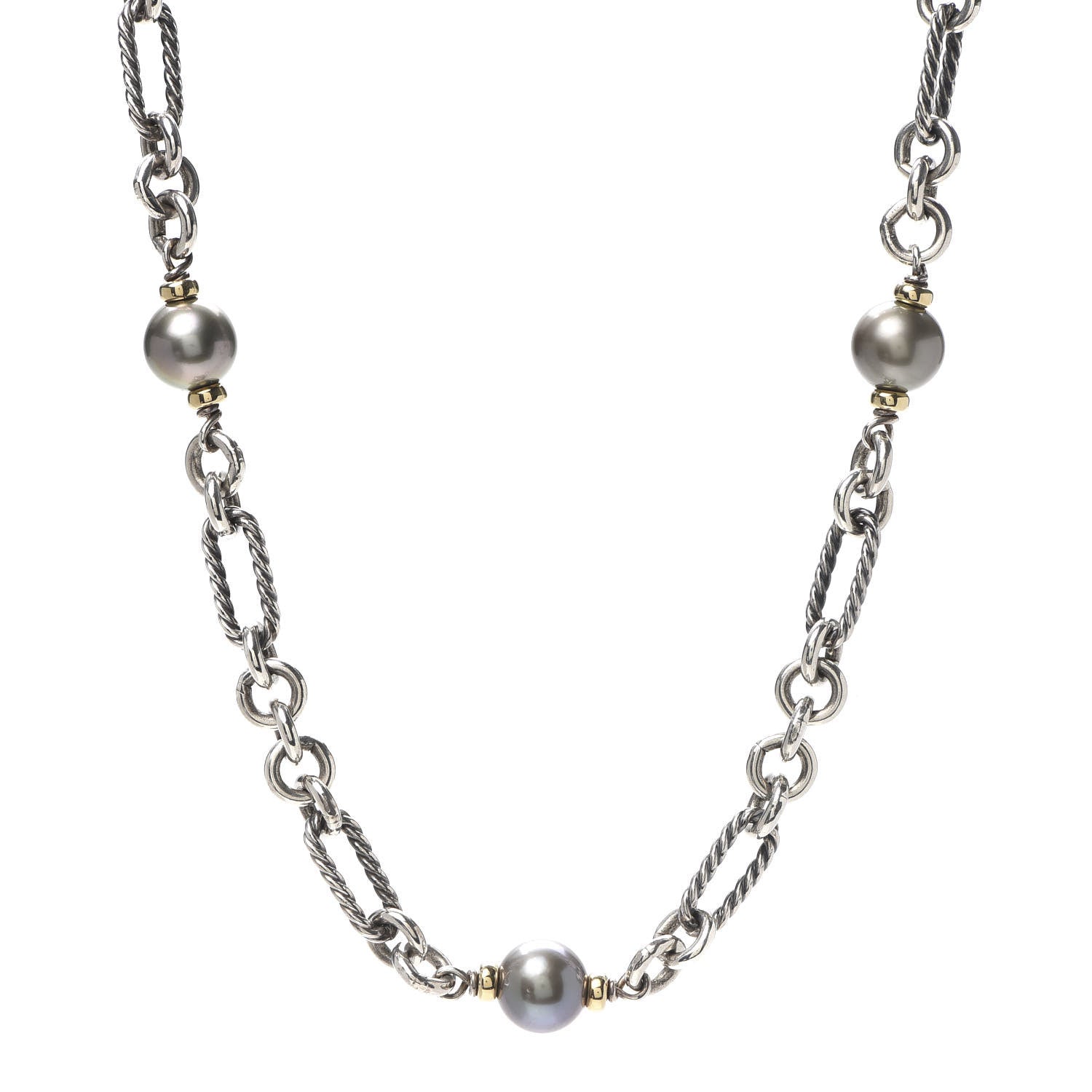 David Yurman Sterling Silver 18K Yellow Gold Tahitian Pearl Figaro Chain Necklace 1 of 4