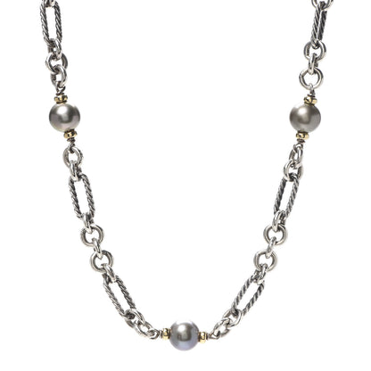 David Yurman Sterling Silver 18K Yellow Gold Tahitian Pearl Figaro Chain Necklace 1 of 4