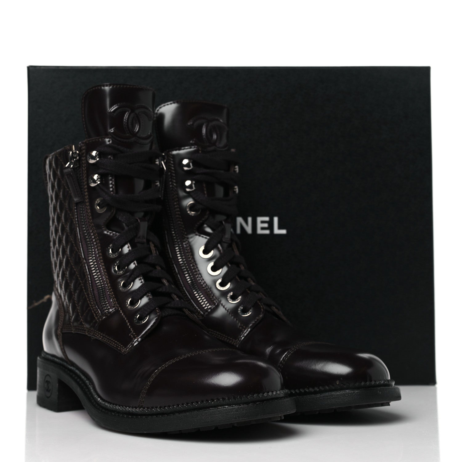Chanel Shiny Calfskin Quilted CC Lace Up Combat Boots 40 Dark Burgundy 9 of 9