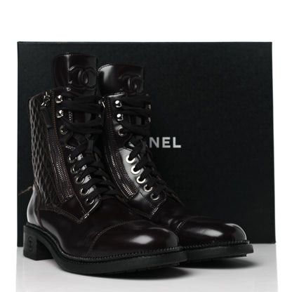 Chanel Shiny Calfskin Quilted CC Lace Up Combat Boots 40 Dark Burgundy 9 of 9
