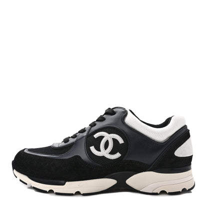 Chanel Mesh Suede Calfskin Womens CC Sneakers 40.5 Black White 1 of 9