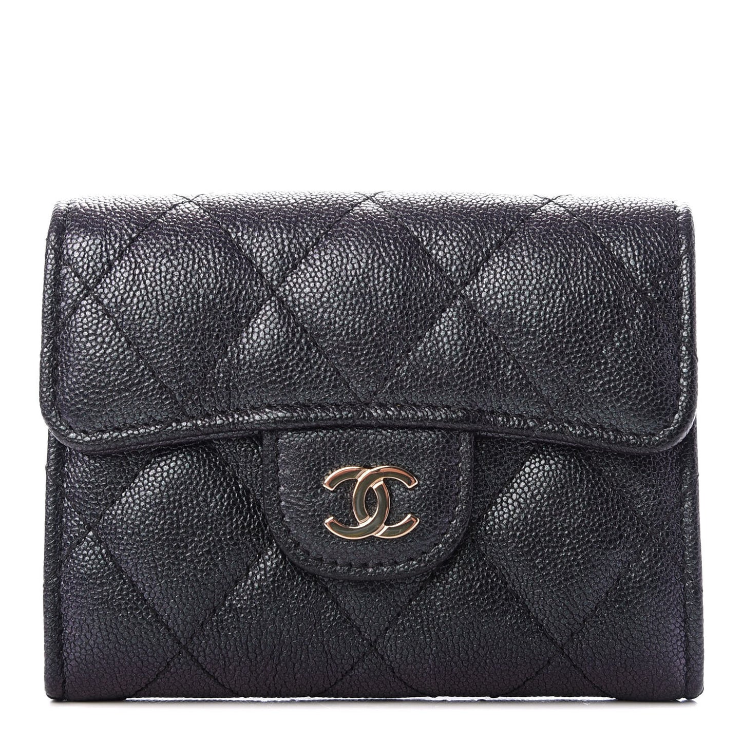 Iridescent Caviar Quilted Flap Card Holder Wallet Black