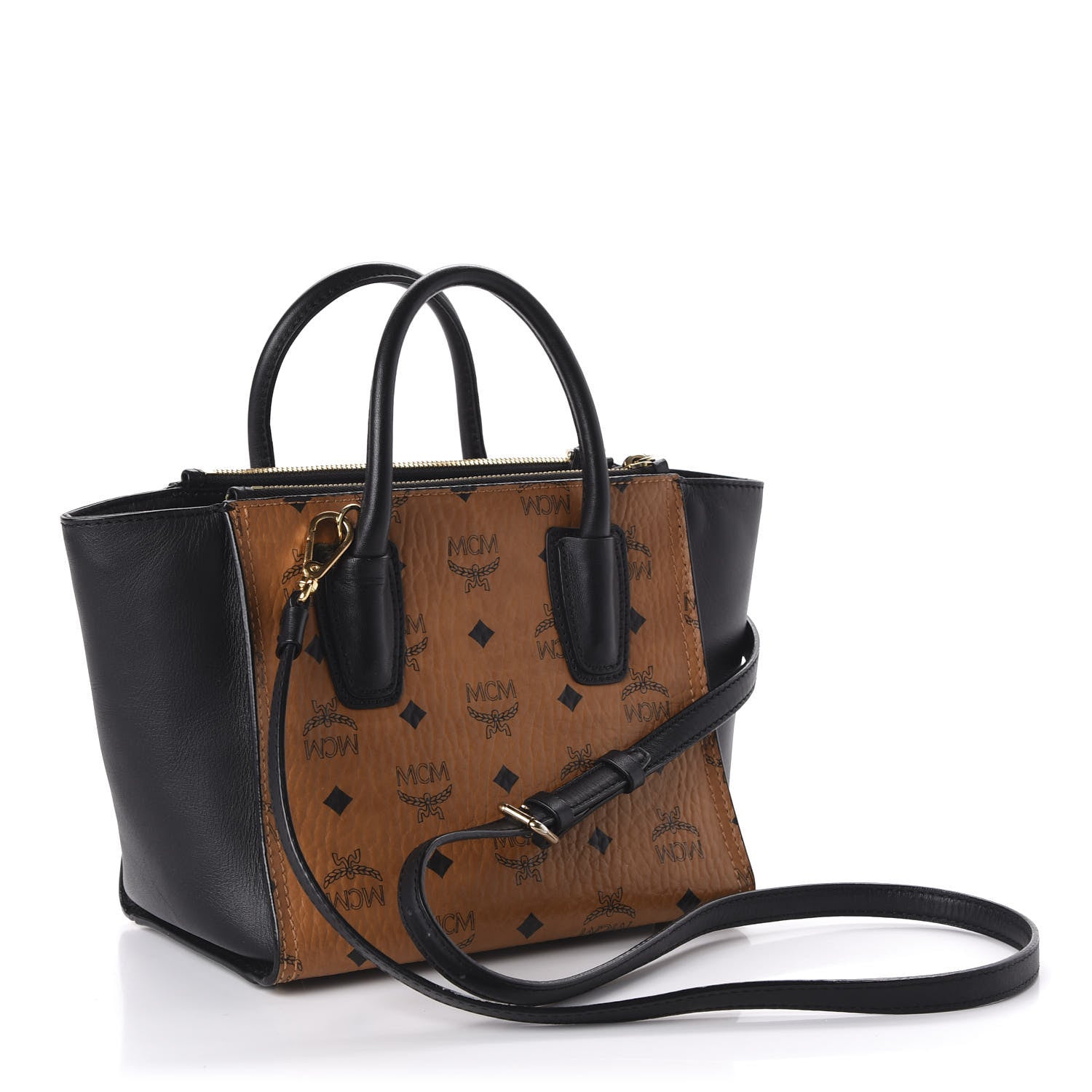 MCM Visetos Small Kathy Double Zip Tote Cognac Black 3 of 10
