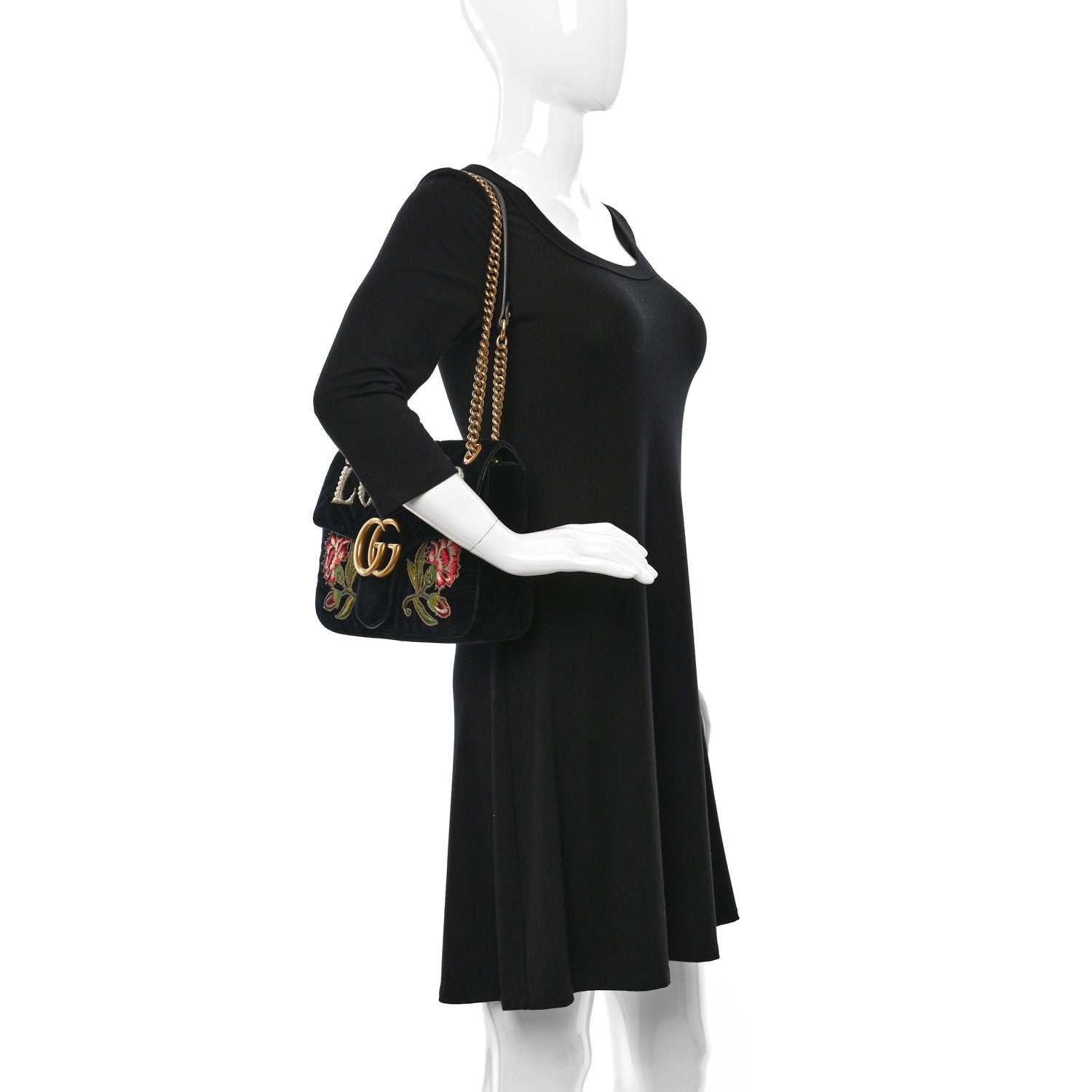 Gucci Velvet Matelasse Loved Embroidered Medium GG Marmont Shoulder Bag Black 2 of 10