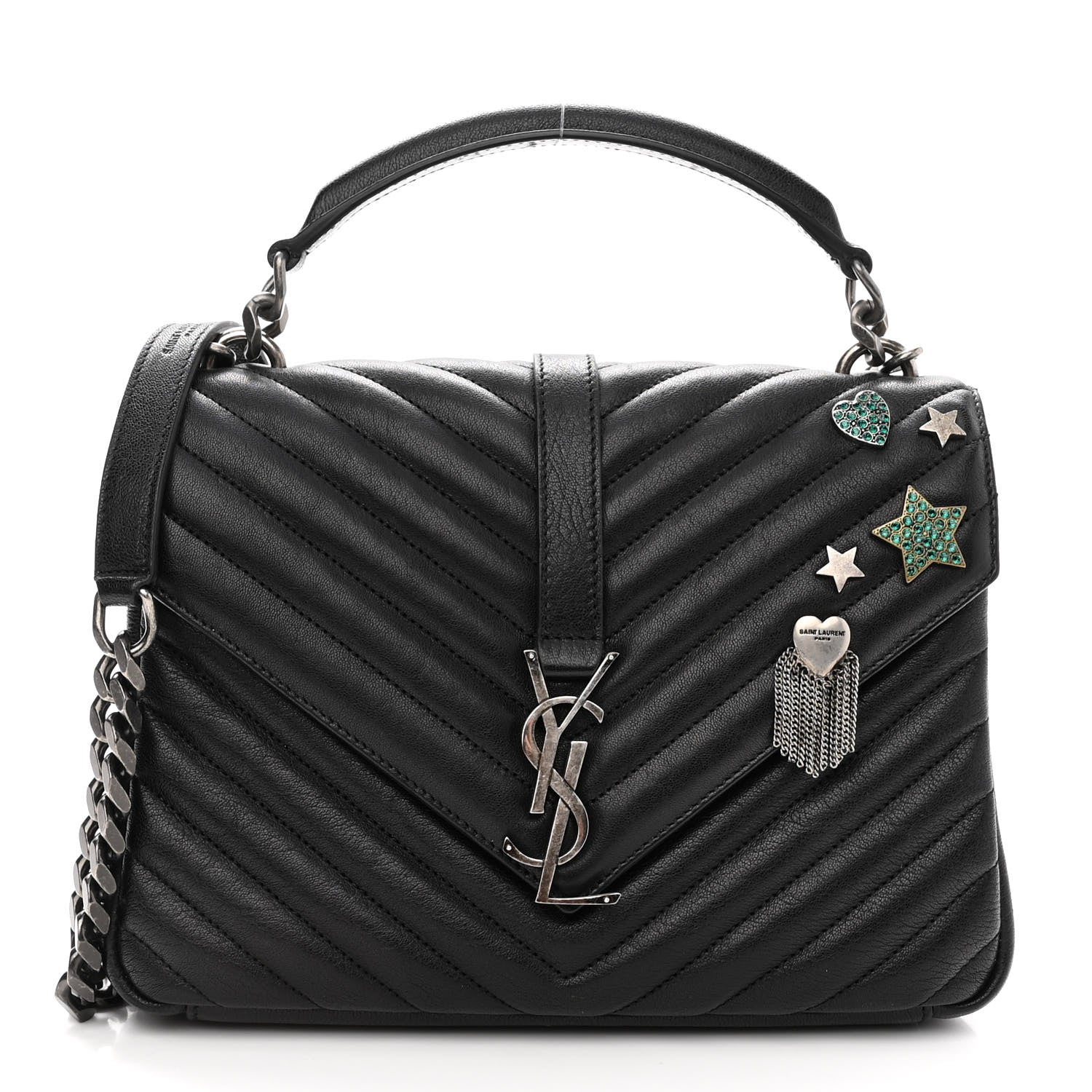 Saint Laurent Sheepskin Matelasse Chevron Monogram Medium Pins College Bag Black 1 of 11