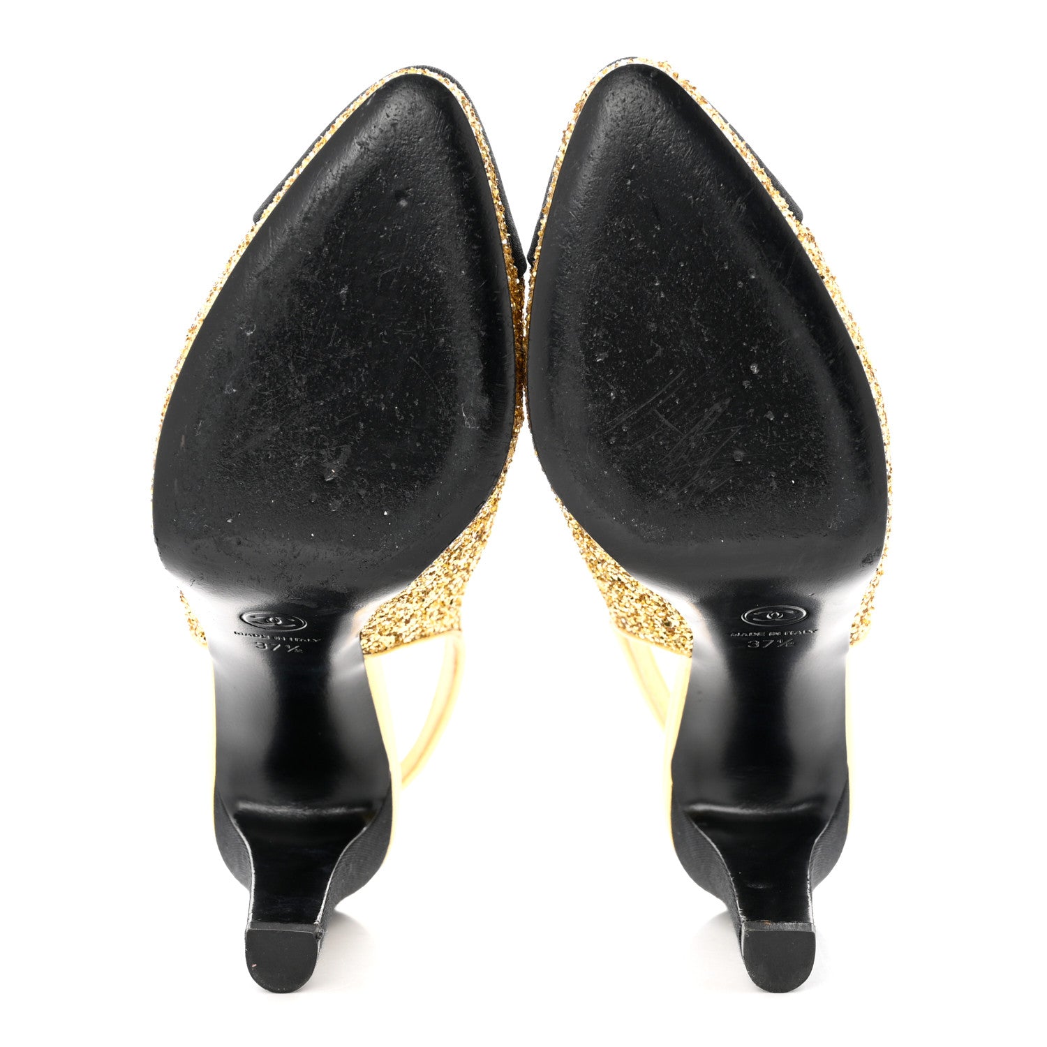 Chanel Glitter Grosgrain Cap Toe CC Slingback Pumps 37.5 Gold Black 5 of 9