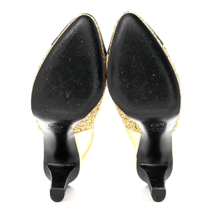 Chanel Glitter Grosgrain Cap Toe CC Slingback Pumps 37.5 Gold Black 5 of 9